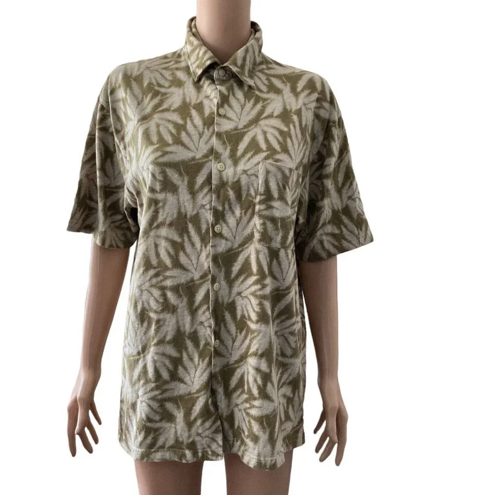 Zegna Sport Shirt Mens Small Brown White Pot Leaf Button Front Hawaiian